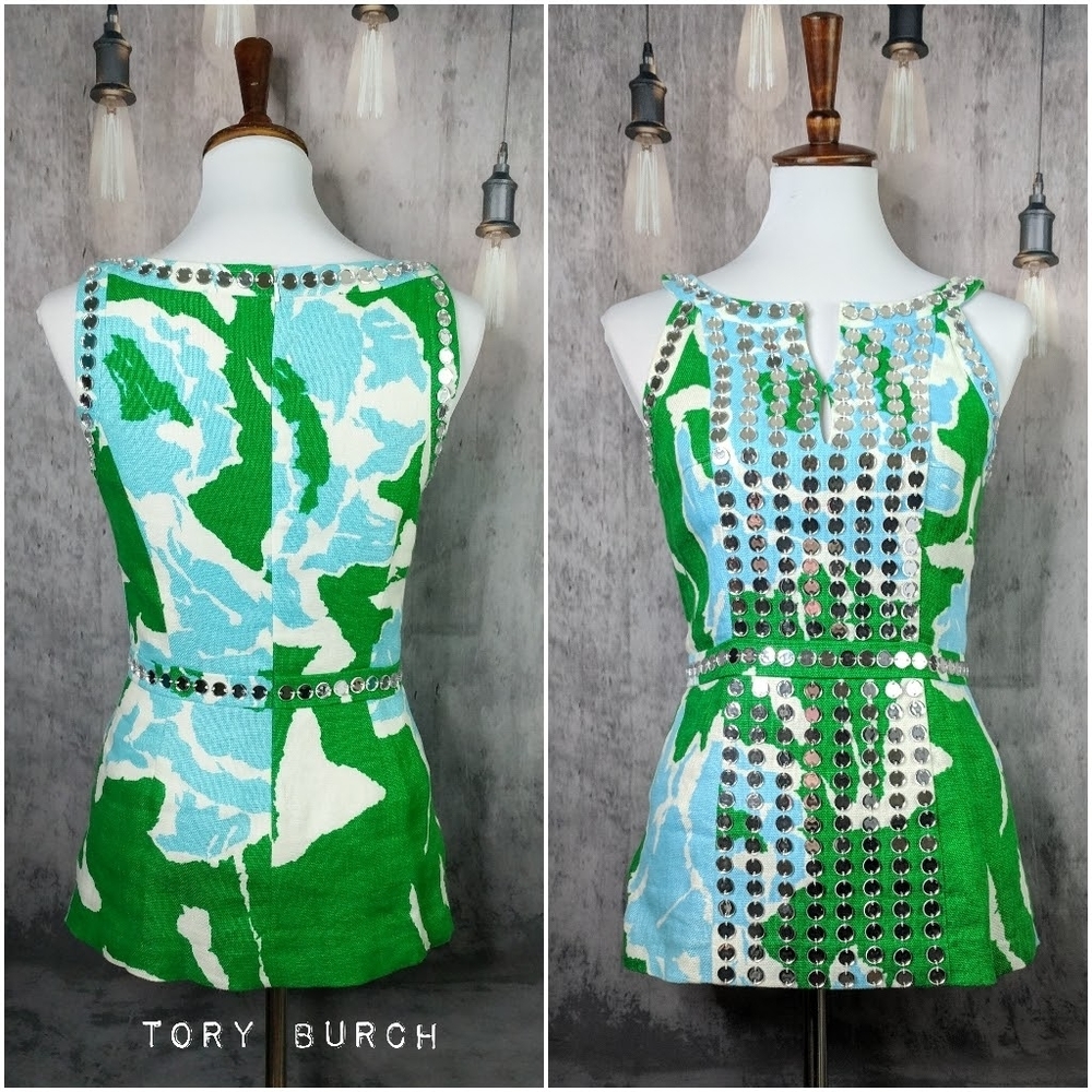 Tory Burch Elsa mirror embellished linen top, size 2
